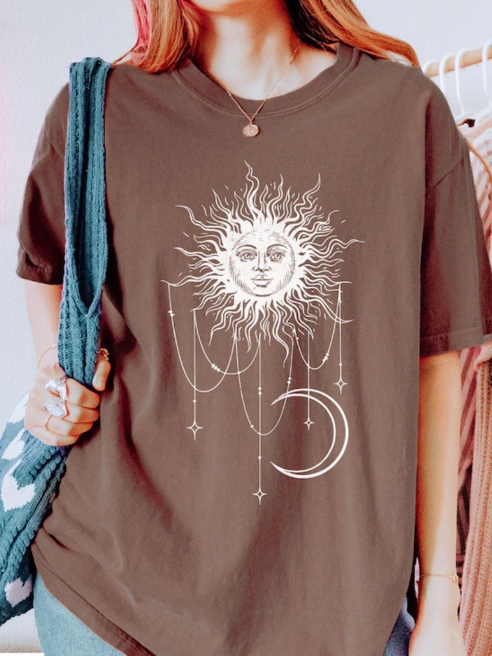 Gildan Brown Sun & Moon Graphic T-Shirt, Classic Style For Everyday Wear